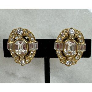 Vintage Sign E2577 Gold Tone Clear Rhinestone Clip On Statement Earrings